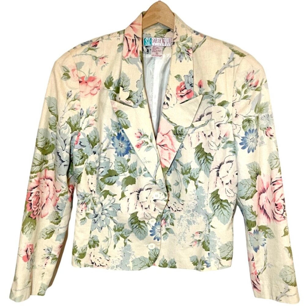 Vintage Sarah Taylor Floral Cottage Core Cotton Linen Button Down Blazer Size 10